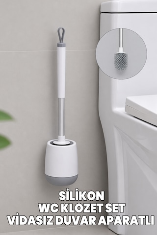 Silikon Klozet Ve Wc Fırçası - Paslanmaz Alüminyum Sap - Vidasız Duvar Askılı Güçlü Yapışkan