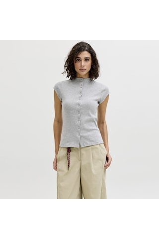 Jack & Jones Kadin Yüksek Yaka Streç Kalip Tisört - Mya - 12296437 Medium Grey Melange
