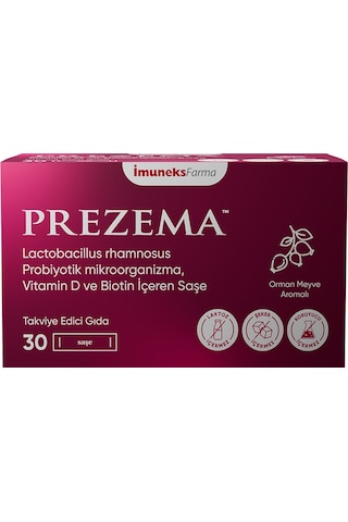 İmuneks Farma Prezema™ Lactobacillus rhamnosus Probiyotik mikroorganizma, Vitamin D, ve Biotin İçeren Takviye Edici Gıda 30 Saşe İmuneks Farma Prezema™ Lactobacillus rhamnosus Probiyotik mikroorganizma, Vitamin D, ve Biotin İçeren Takviye Edici Gıda 30 Saşe