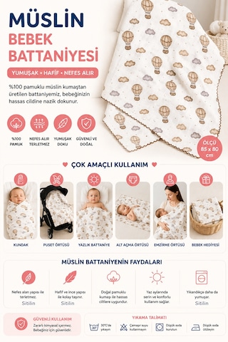 Kız Erkek Bebek Tek Kat Müslin Kundak Battaniye Ponponlu Yazlık Puset Örtüsü Stl7181 Beyaz