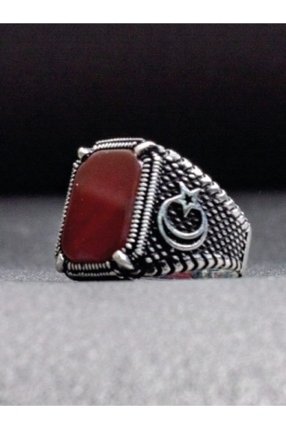 Gümüş Ay Yıldız Desenli Kare Akik Taşlı Erkek Yüzük