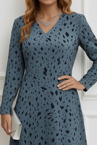 Tua Moda Kadın Uzun Kollu V Yakalı Desenli Kısa Keten Elbise Gri