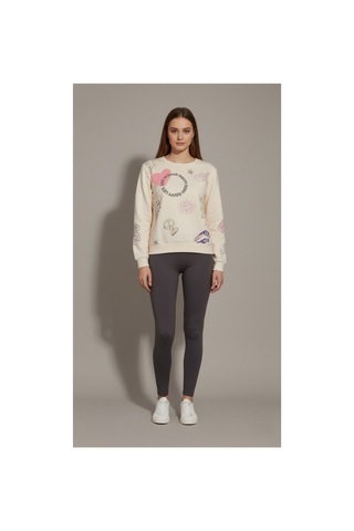 The Kadın %100 Pamuk Baskılı Bisiklet Yaka Sweatshirt 3 İplik Şardonsuz Rahat Kalıp Krem
