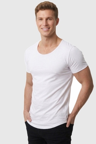 Deepsea Erkek Beyaz Geniş Yaka Likralı Tişört Oval Yaka Slim Fit Eteği Oval Açık Yaka T-shirt 1801199 Beyaz