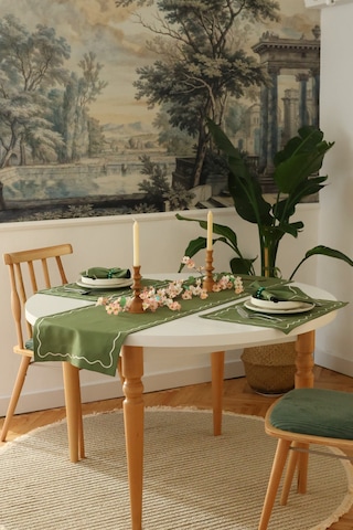 Yakacihome Florina Yeşil 4amerikanservis,1runner,4peçete, 4peçetehalkası Duck Keten Yıkanabilir Leke Tutmaz Set Haki