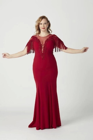 Moda Berray 8009 Işlemeli Püsküllü Büyük Beden Uzun Abiye Kırmızı Kırmızı