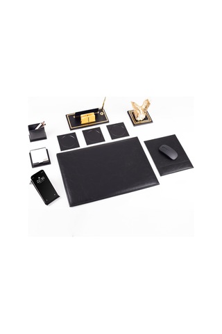 Opta 10 Parça Kartal Biblolu Siyah Deri Sümen Seti Takımı Gold Kalem Ofis Masa İsimliği Lüks İsimlik