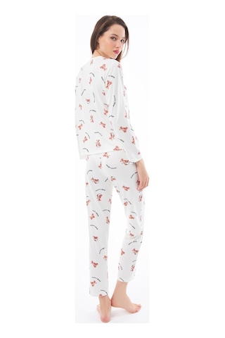 Premium Yazlık Kadın Pijama Takımı Ayıcık Desenli Yumuşak Dokulu Bisiklet Yaka Uzun Kollu Krem
