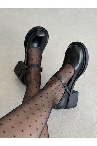 Selin Shoes Nora Kısa Topuklu Bilek Detaylı Gold Aksesuarlı Kadın Loafer- Siyah