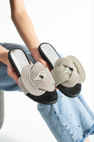 Dabab Shoes Lumıry Siyah Kadın Taşlı Düğümlü Bantlı Düz Işıltılı Terlik