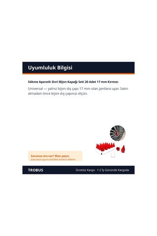Trobus Sökme Aparatlı Sivri Bijon Kapağı Seti 20 Adet 17 Mm Kırmızı