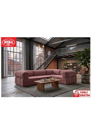 Herev Max 300x200 Kk Köşe Koltuk Takımı / Fitilli Kadife Kumaşlı Şark Köşe Pembe
