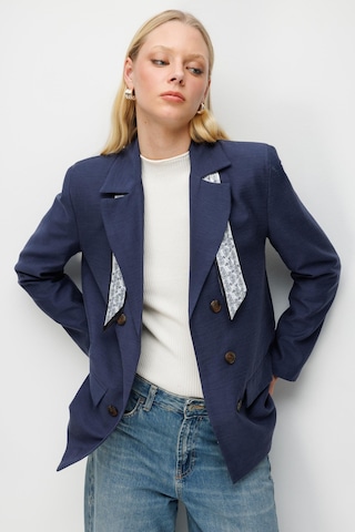 Mixray 4809 Kadın Fular Detaylı Keten Blazer Ceket Lacivert