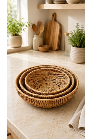 3'lü Hasır Sunumluk Sepet Badya Leğen Tabak Kase - Masaüstü Organizer Rattan Sunum Meyvelik - Ekstra Kaliteli Çelik Rattan