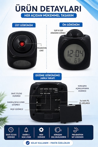 Duvara Yansıtan Projeksiyonlu Dijital Çalar Saat Konuşan Termometreli Led Alarm Masa Saati Pilli & Kablolu Kullanım Siyah