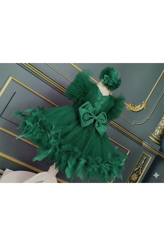 Star Kids Fashion Kız Çocuk Zümrüt Yeşili Tüylü Elbise, Kız Çocuk Mezuniyet Elbisesi,toka Dahil Yeşil