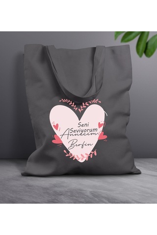 Bk Gift Kişiye Özel İsimli Anneler Günü Tasarımlı Antrasit Kumaş Bez Çanta, Baskılı Omuz Çantası, Alışveriş Çantası, Anneler Günü Hediyesi, Anneye Hediye-10 Sarı