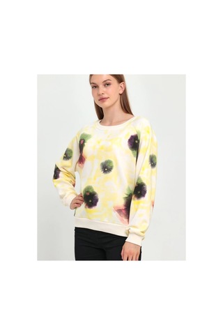 The Kadın Krem Baskılı Bisiklet Yaka Sweatshirt %100 Pamuk 3 İplik Şardonsuz Rahat Kalıp Krem