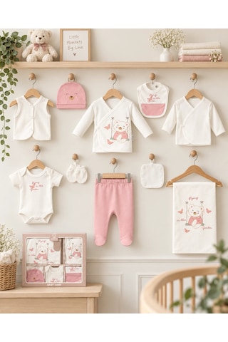 Eray Alp Kids Kız Bebek Sevimli Ayıcık Desenli 10'lu Hastane Çıkışı Ve Zıbın Seti Pembe