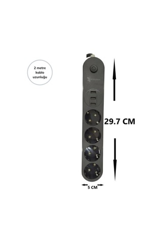 4lü Siyah Anahtarlı 3 Usb Li Akım Korumalı Topraklı Çocuk Korumalı Grup Priz 2 Metre -