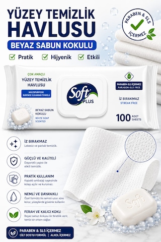Soft Plus Yüzey Temizlik Havlusu Beyaz Sabun Ve Limon Kokulu 400 Yaprak 4'lü Set