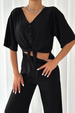 Trend Alisse Siyah Önden Bağlamalı Crop Palazzo Alt Üst Takım