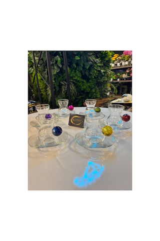 Renkli Kristal Toplu Dantel Çay Seti 6 Kişilik 12 Parça Çay Takımı Çok Renkli