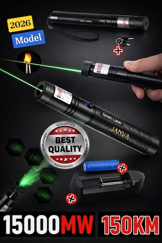 Şarjlı Turbo Yeşil Lazer Pointer Kibrit Yakabilen 15000 Mv Güç 150km Green Laser Siyah