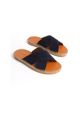 Mubiano Hakiki Deri Summer Erkek Süet Çapraz Bantlı Jüt Taban Lacivert Espadril Terlik -mssr5959-lcv Lacivert