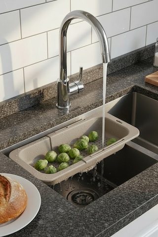 Sieve Bej - Pratik Ayarlanabilir Sürgülü Lavabo Süzgeci - Meyve Sebze Yıkama Aparatı Bej