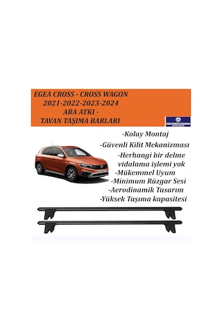 Fiat Egea Cross 2021-2022-2023-2024 İçin Kilitlenebilir Ara Atkı, Portbagaj Taşıyıcı Tavan Barı 2 Li Set - Siyah