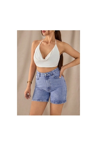 Kene Jeans Arka Çapraz Köprü Taş Yıkama Kot Şort Taş Yıkama
