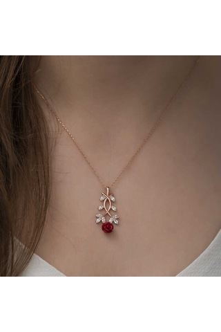 925 Ayar Gümüş Rose Kırmızı Gül Gümüş Kolye Gümüş