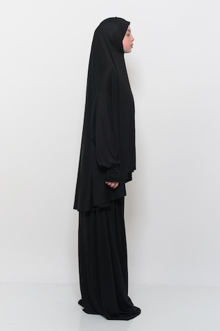 Pratik 2 Parça Pamuklu Yarasa Kollu Başörtülü Tesettür Namaz Elbisesi Siyah Antrasit