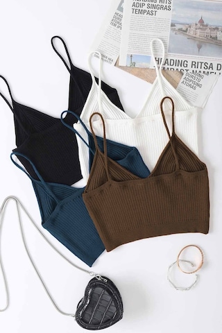 Angelsin Merry See 4 Lü Paket Askılı Bluz Crop Çok Renkli