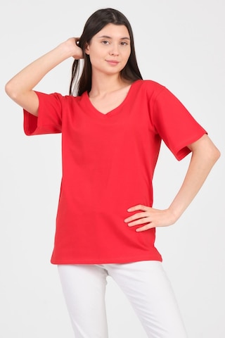 As Collection Kırmızı V Yaka Kısa Kol Boyfriend Kadın T-shirt Kırmızı