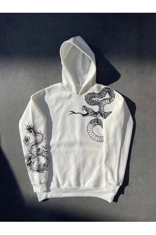 Efnaz Style Uzun Kol Kapşonlu Baskılı Sweatshirt - Beyaz