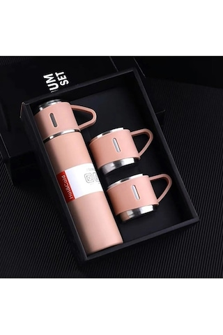 500 Ml Paslanmaz Çelik 3 Bardaklı Termos Set Pembe