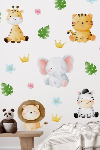 MSticker Suluboya Renklerinde Safari Hayvanları Yapraklar Ve Çiçekler Duvar Cam Dolap Sticker Seti