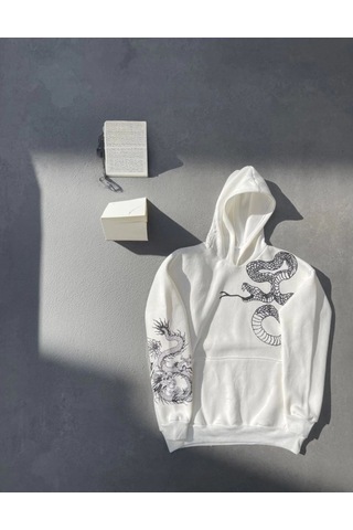 Mbb E-ticaret Kadın Oversize Kapüşonlu Kanguru Cepli Baskılı 3 İplik Pamuklu Sweatshirt Hoodie - Beyaz
