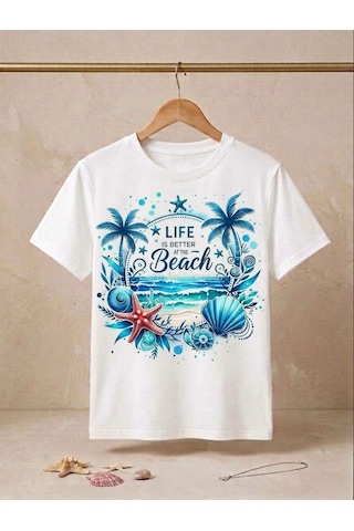 Lıfe Beach Baskılı Oversize Kompak T-shirt Beyaz