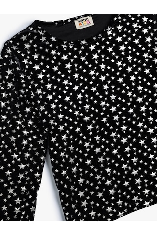 Koton Crop Bluz Uzun Kollu Pencere Detaylı Yuvarlak Yaka Siyah Desenli 5wkg60035ak Siyah