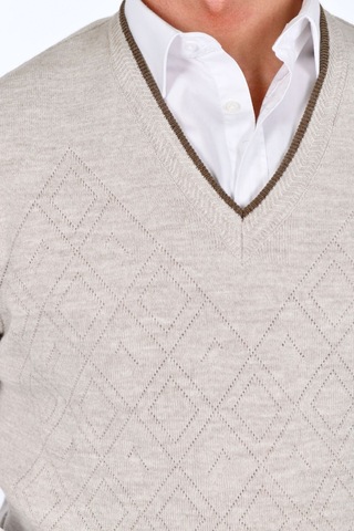 Kamalı Krem Erkek Çelik Örgü Intersiye Kışlık Kalın Triko V Yaka Triko Örgü Tüylenmez Süveter Taş