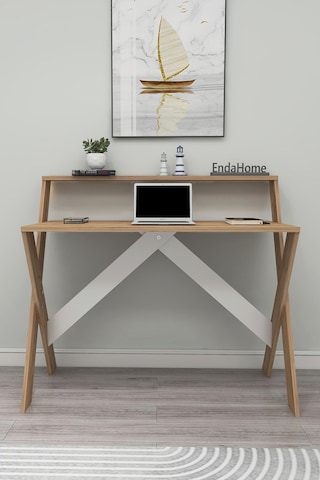 Enda Home X Ayaklı Raflı Ders Çalışma Masası 50x90 Cm Çam Bej