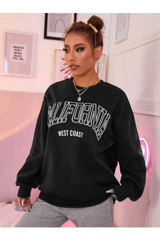 Altamira Unisex Siyah California West Baskılı Bisiklet Yaka Oversize Sweatshirt 001