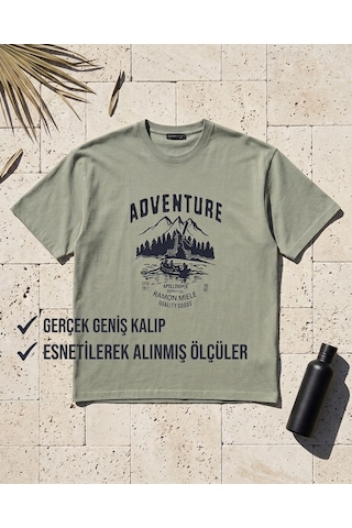 Büyük Beden Bisiklet Yaka Baskılı Erkek Tshirt Haki