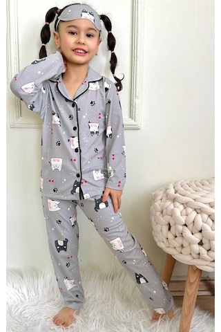 Kız Çocuk Düğmeli Kedi Desenli Uzun Kollu Pijama Takımı-932 Gri