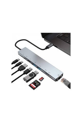 Coofbe 8 Port Type-C HDMI 3xUSB + 2 PD Ethernet RJ45 TF SD Kart Hub Adaptör Çoklayıcı