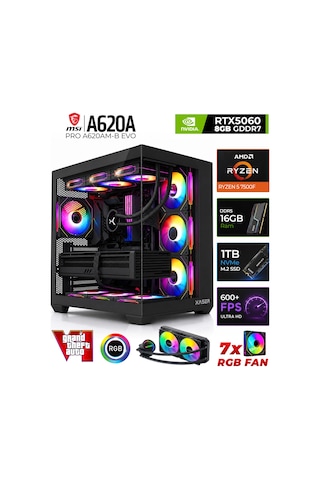 Xaser SHINY X50 R5-7500F 16 GB 1 TB M.2 NVMe SSD 8 GB RTX5060 Free Dos Masaüstü Oyuncu Bilgisayarı