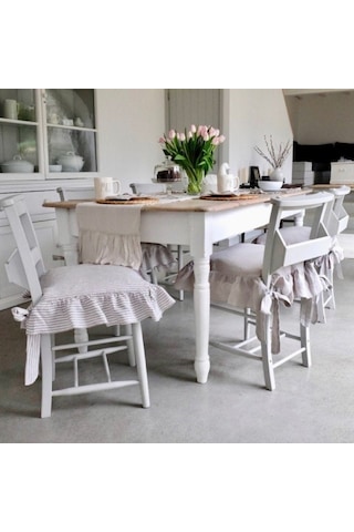 Gri Çizgili Buldan Yıkanmıs Keten 4 Tarafı Fırfırlı Sandalye Minderi Renkli